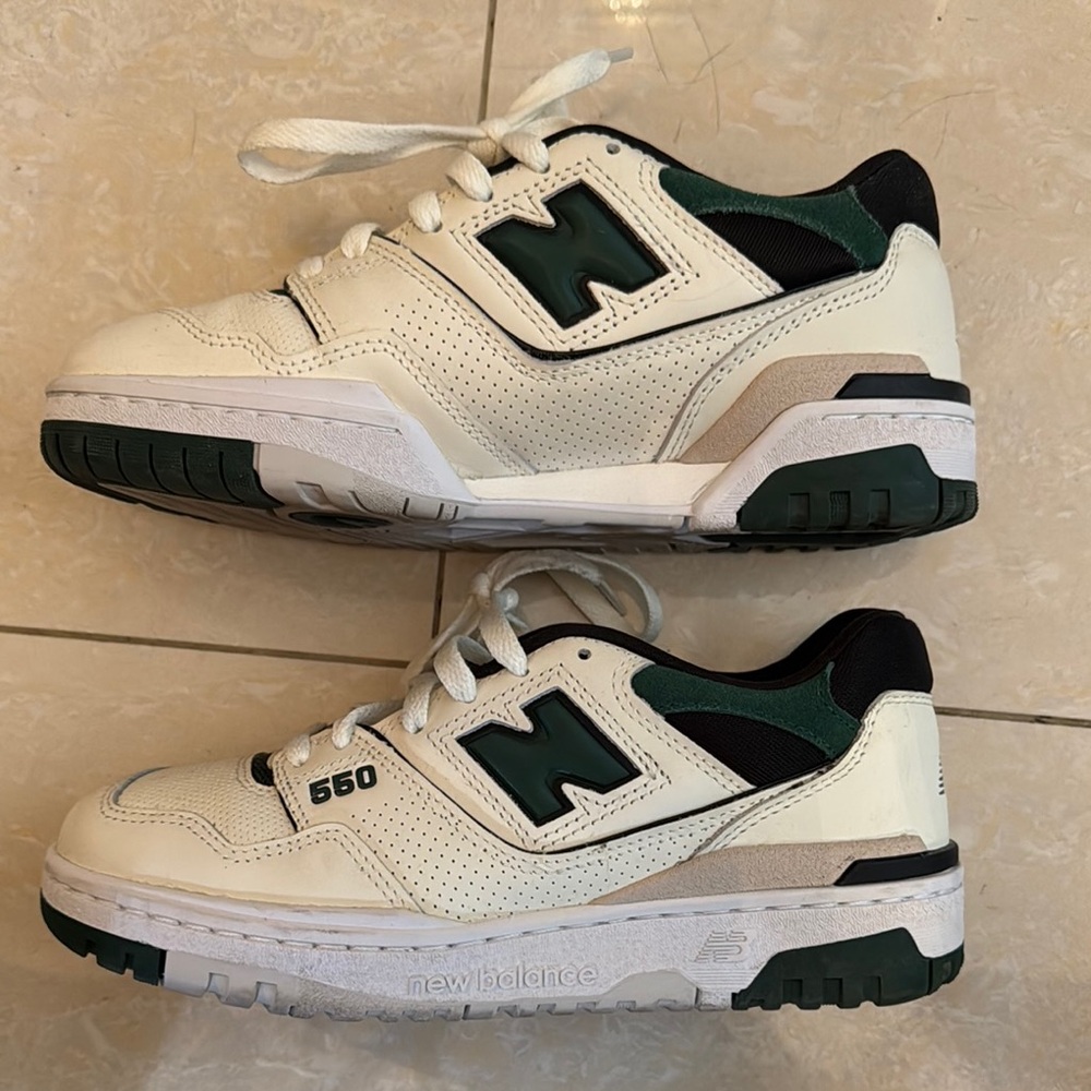 New Balance 550 in white and green sneakers